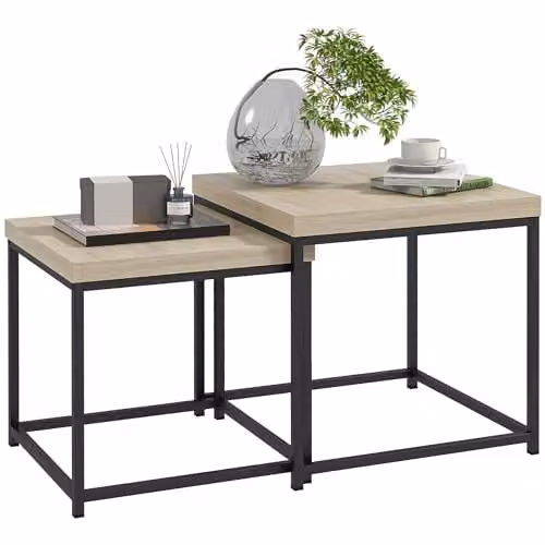 HOMCOM Nest of 2 Coffee Tables in Oak with 3.5 cm Thick Tabletop – 1