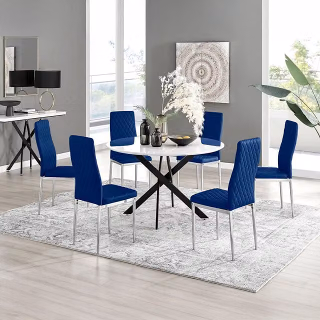 FurnitureboxUK Novara White Gloss Round Dining Table with 6 Navy Velvet Milan Chairs, Diameter: 120 cm
