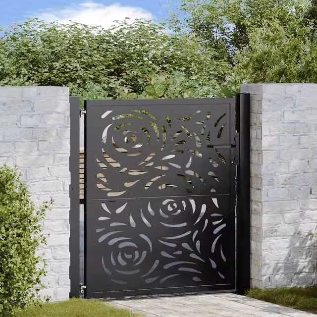 Berkfield Black Steel Garden Gate with Flame Design W: 105 cm, H: 106 cm