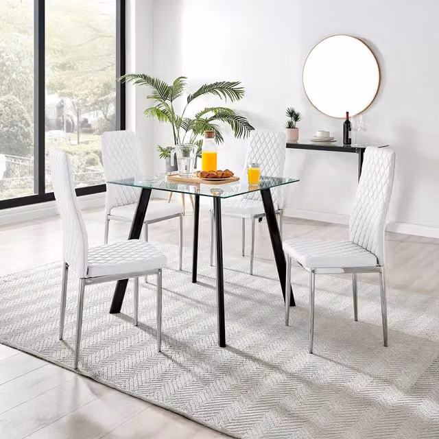 FurnitureboxUK Seattle Square Glass Dining Table with 4 Milan Chrome Leg Chairs in White, Black and Transparent