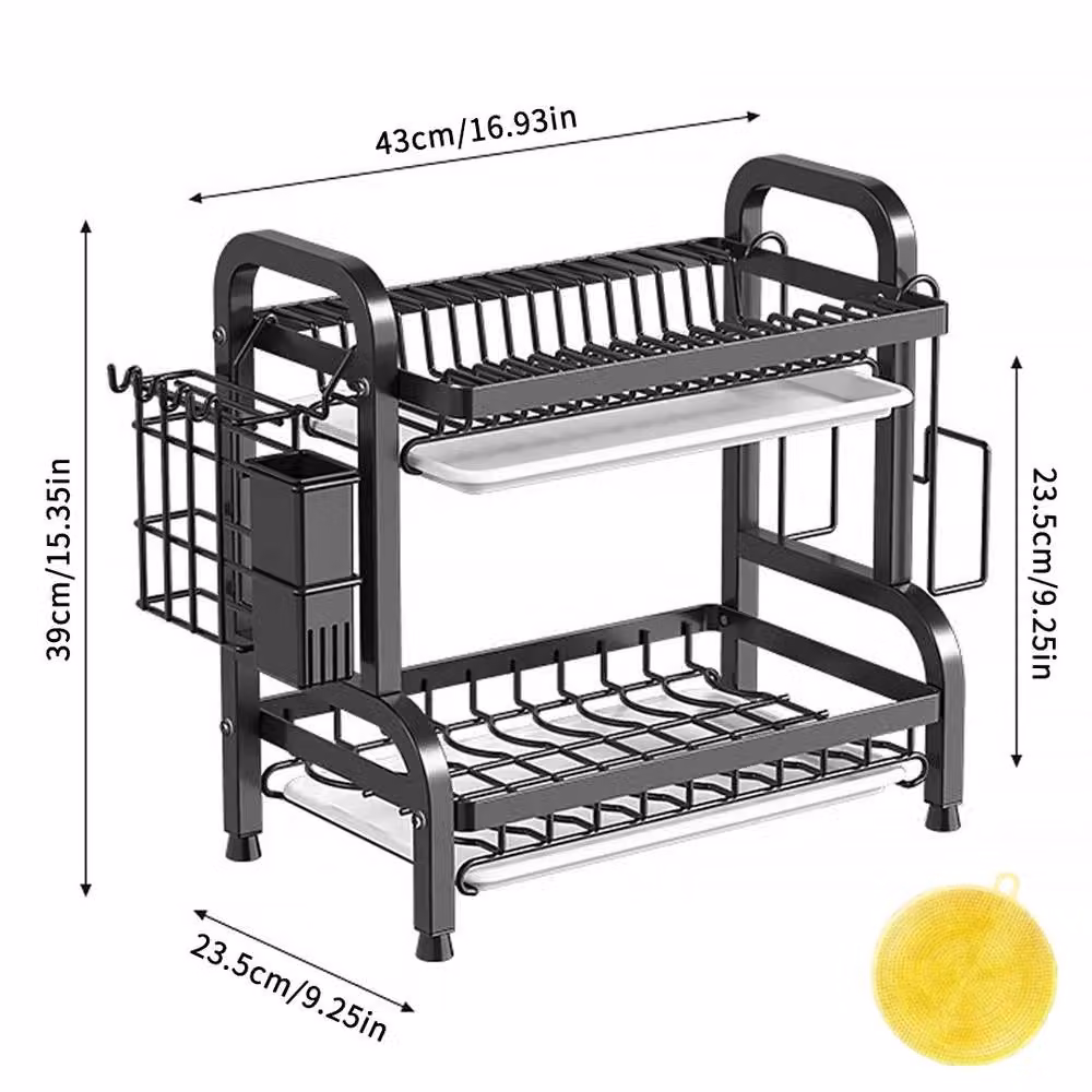 Ventryn 2 Tier Large Dish Drainer Rack with Cutlery Holder and Drip Tray, Black – 2