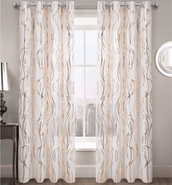 Velosso Modern Graphic Foil Print Voile Fabric Panel in Gold and White, Width: 121.92 cm