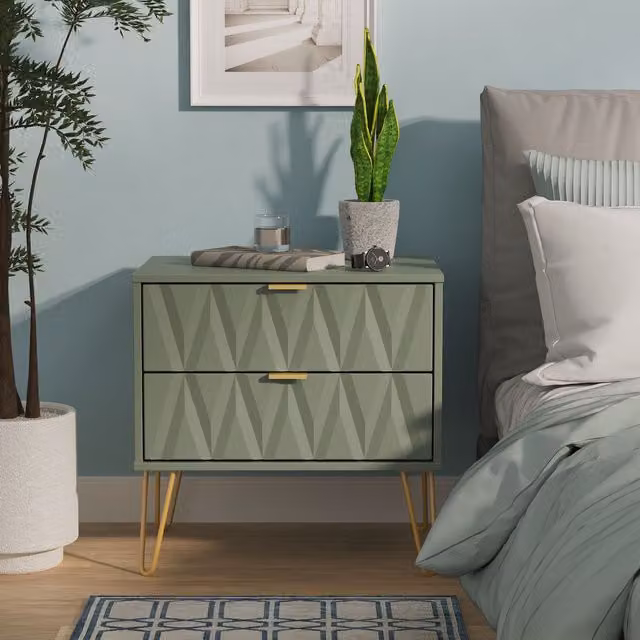 Ready Assembled 2 U Dallas 2 Drawer Side Table in Pale Green and Gold