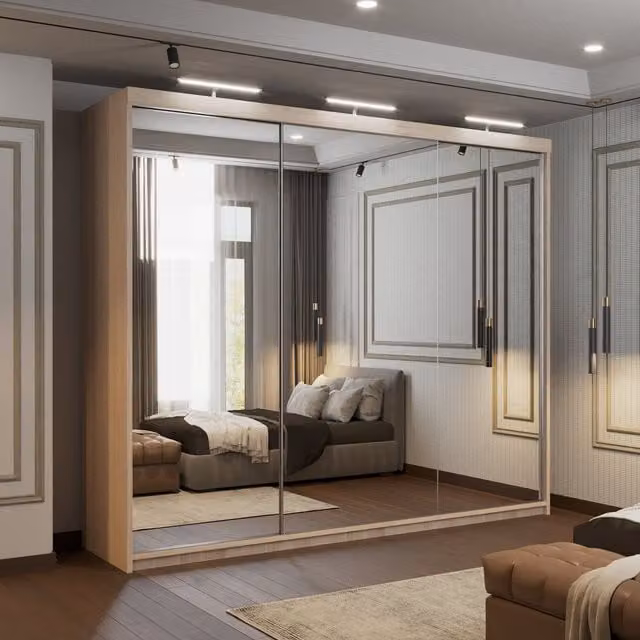 Sliding Wardrobes 4u Modern Sliding Door Wardrobe with Mirror, Internal Shelves, Hanging Rod and Integrated LED Lighting in White and Brown, W: 250 cm, H: 217 cm