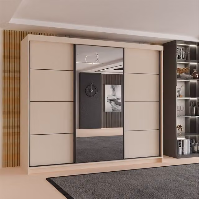 Sliding Wardrobes 4 u Modern 3 Door Sliding Mirror Wardrobe with Internal Drawers and Shelves in Mixed White, Brown and Beige
