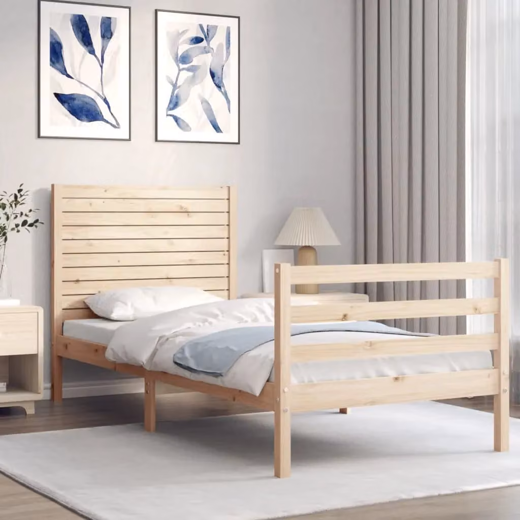 Berkfield Home Solid Wood Bed Frame with Headboard in Brown, W/D/H: 90 x 200 cm