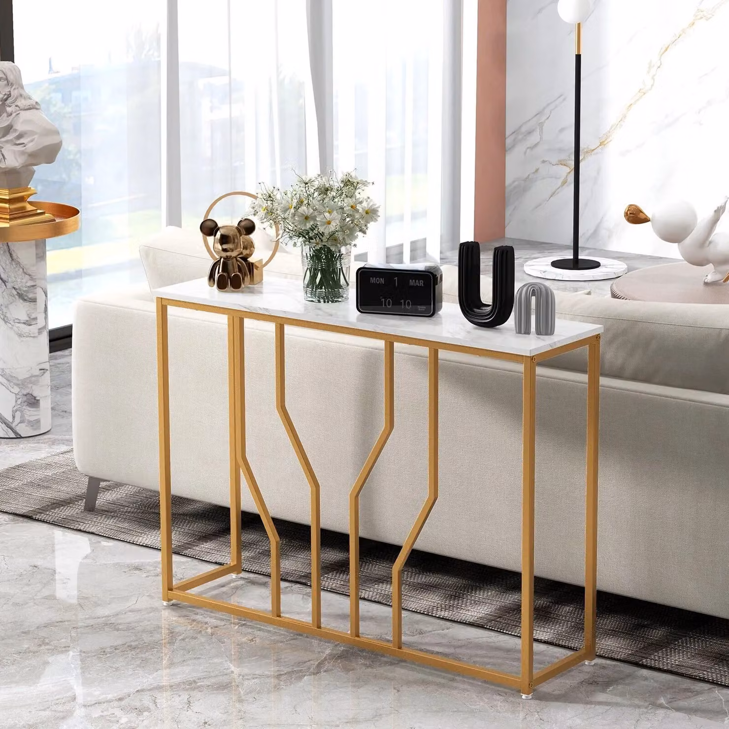 Costway Modern Faux Marble Console Table in White and Gold – 2