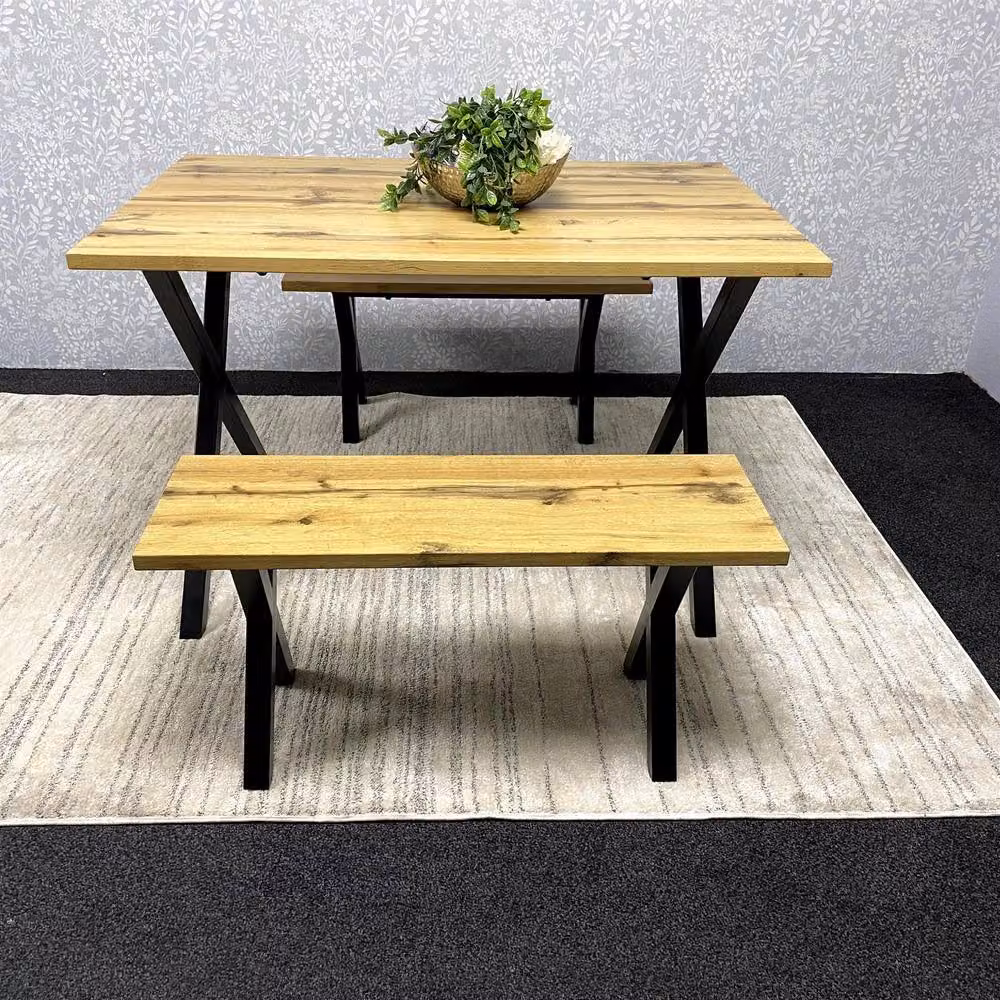 KOSY KOALA Modern Rectangular Dining Table and 2 Benches Set in Brown and Grey with X-Frame Metal Legs – 7