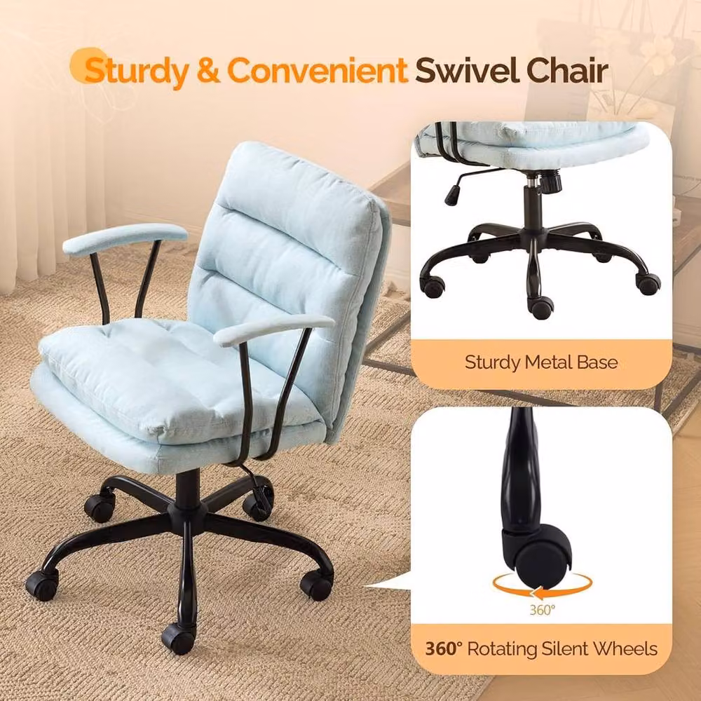 KORVIXA Blue Upholstered Home Office Task Chair with Armrests and Castors – 3