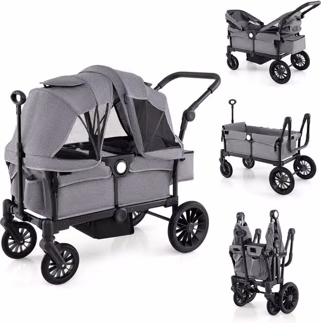 Costway Grey Wagon Stroller for 2 Kids with Adjustable Handle, Suspension and Canopy