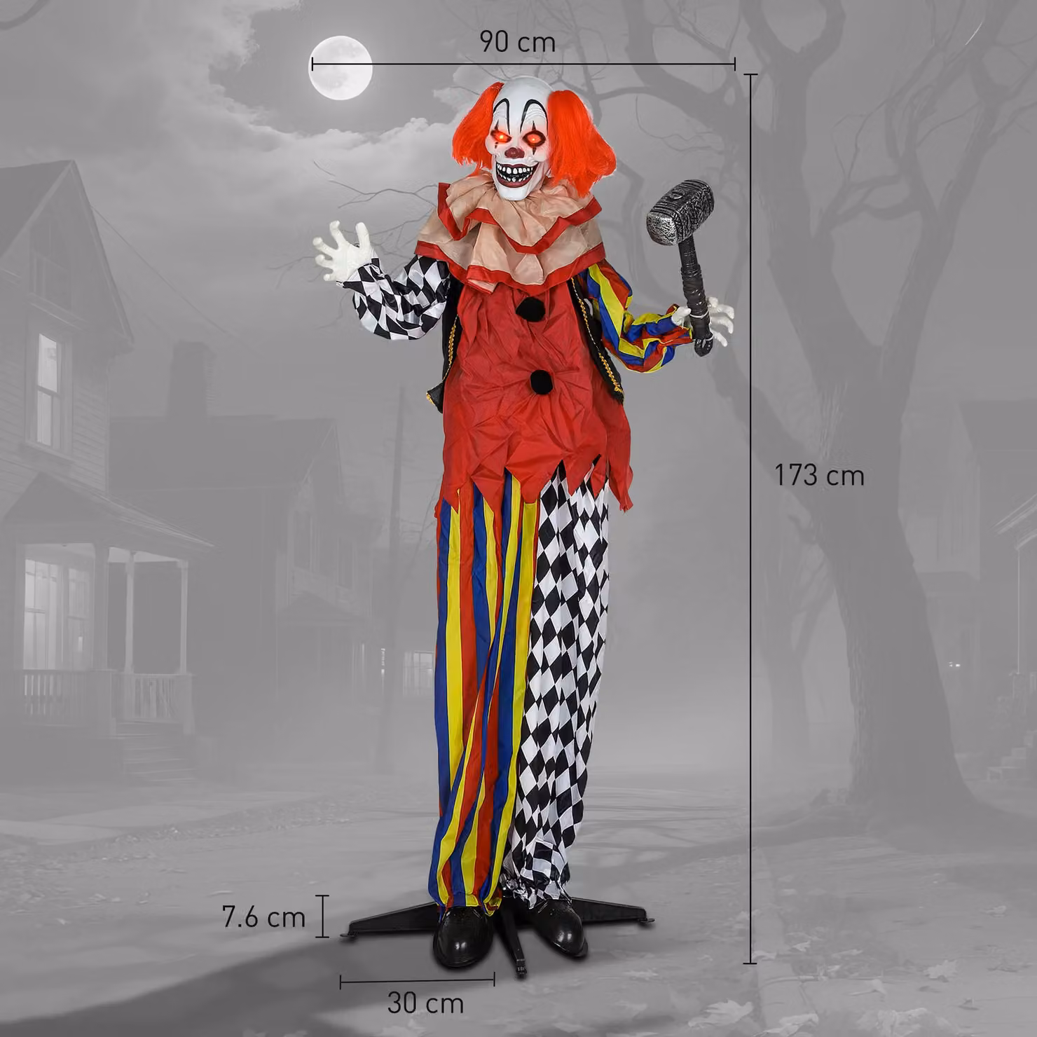 OUTSUNNY Sound Activated Halloween Animatronics Clown with Red Light Up Eyes, Multicolour – 3