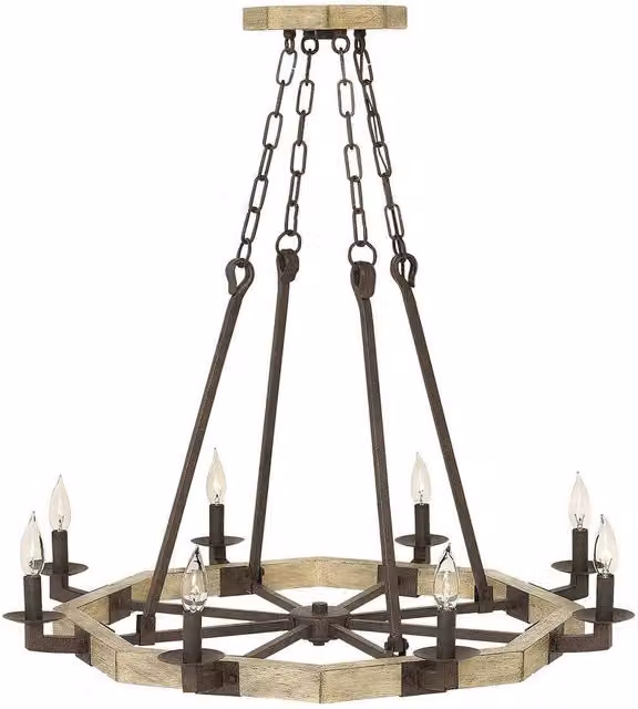Elstead Wyatt 8 Light Ring Chandelier in Rustic Metal and Wood with E14 Sockets