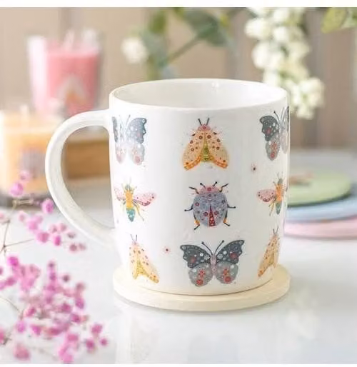 KDMD Floral Bug Print Ceramic Mug in White, 350 ml