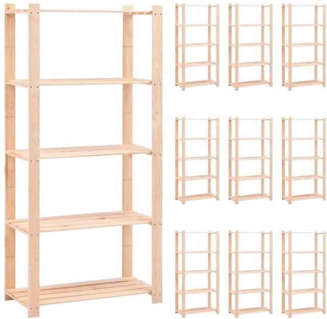 Berkfield Home 10-Piece Set of 5-Tier Solid Pinewood Storage Racks in Beige, W/D/H: 80 x 38 x 170 cm