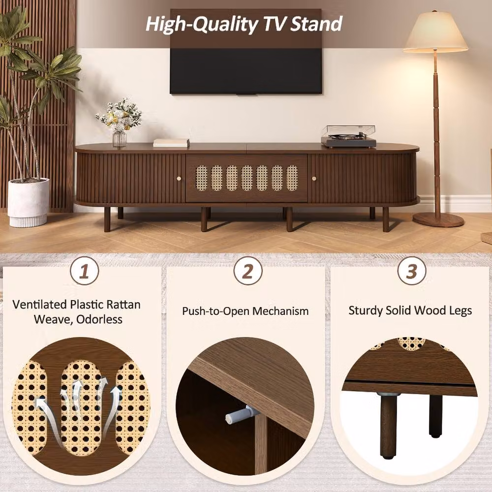 Rolipo Dark Walnut Oval TV Stand with Rattan Lowboard in Brown – 4