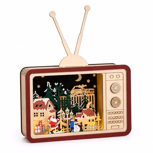 Samuel Alexander Brown Wooden Vintage TV Christmas Village Scene with LEDs, Height: 18 cm – 3