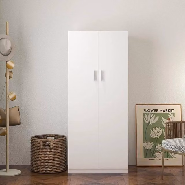 KORVIXA Modern 2 Door Wardrobe in White and Black with Internal Shelves and Hanging Rod