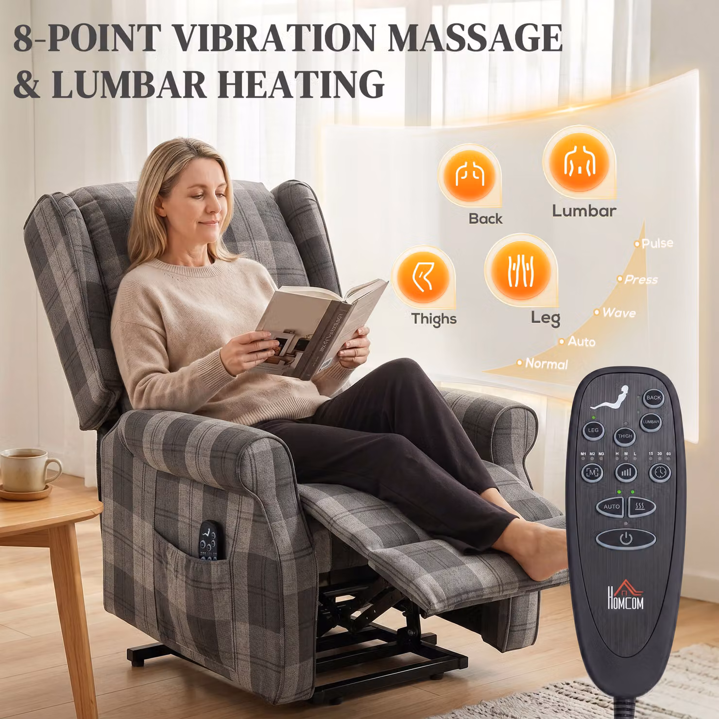 HOMCOM Grey Checked Fabric Power Lift Recliner Chair with Vibration Massage, Heat and Remote Control – 5