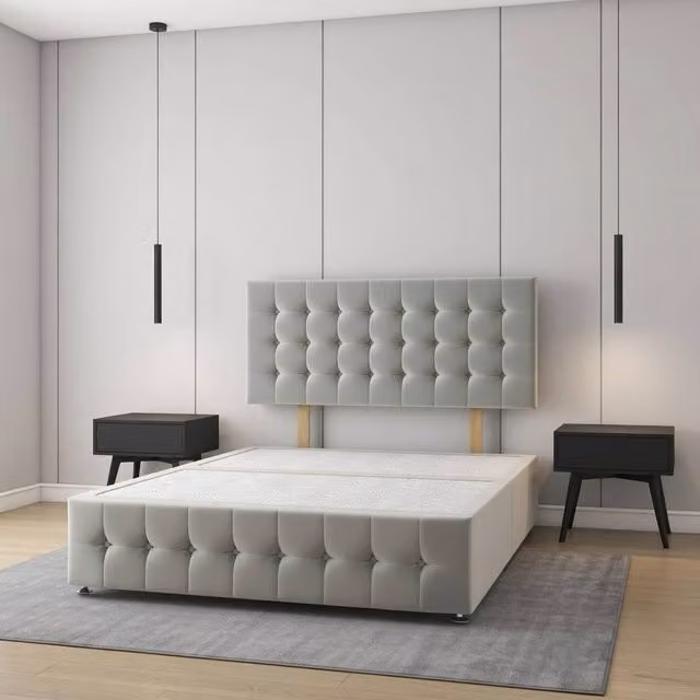 Regional Furnishings Silver Velvet Upholstered Single Divan Bed Base with 24 inch Headboard and 12 inch Footboard, W/D/H: 90 x 200 cm