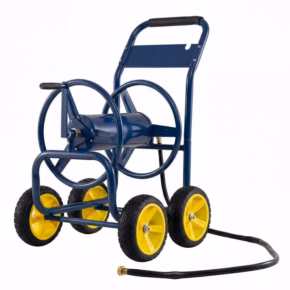Costway 4-Wheel Garden Hose Reel Cart, Powder-Coated Metal Water Hose Organiser in Blue – 2