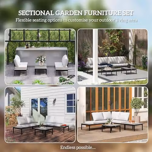 Outsunny 4 Piece L Shaped Garden Furniture Set with Upholstered Cushions and Coffee Table, Grey – 3