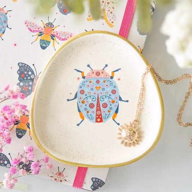 Kingsbury Gifts Floral Ladybird Ceramic Trinket Dish in Multicolour and Gold