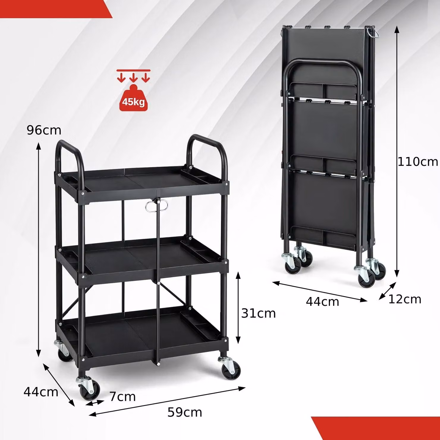 Costway 3-Tier Folding Heavy Duty Metal Tool Cart and Rolling Storage Trolley in Black – 2