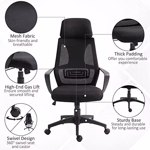 Vinsetto Black Mesh and Fabric Ergonomic Executive Office Chair with Headrest and 360 Degree Swivel – 5