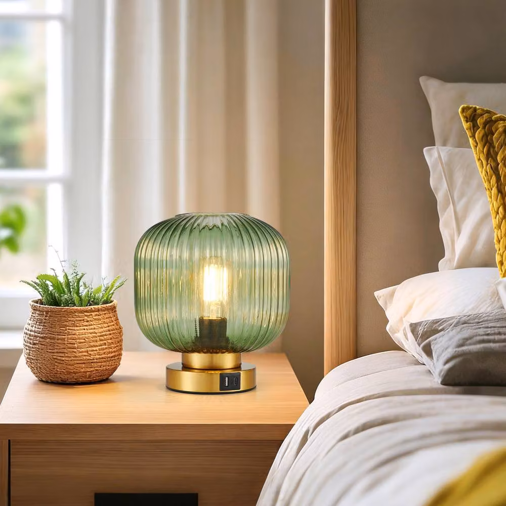 Harper Living Dimmable Touch Control Table Lamp with Green Glass Dome Shade and Gold Brass Base – 5