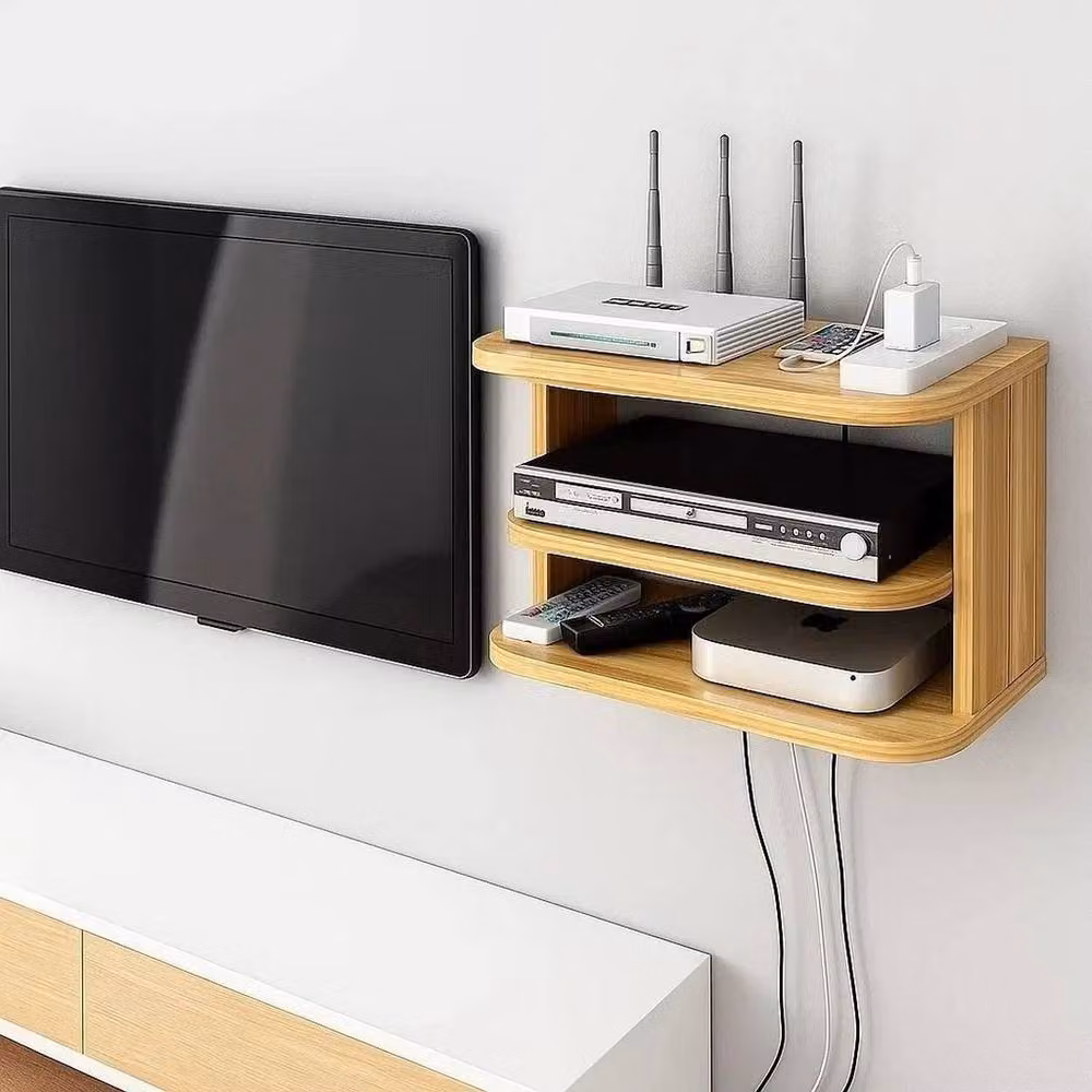 SPETLEK Floating Wall Mount Media Shelf in Natural Wood Brown and Sand – 3