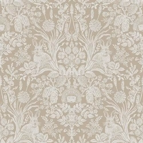 Holden Decor Harlen Beige Botanical Wallpaper with Hedgehogs, Rabbits and Flowers