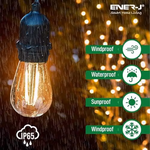 ENERJ 10.2m Outdoor LED Festoon String Lights with 10 x 2W E27 Vintage Filament Bulbs, IP65 Waterproof, Warm White, Black – 3