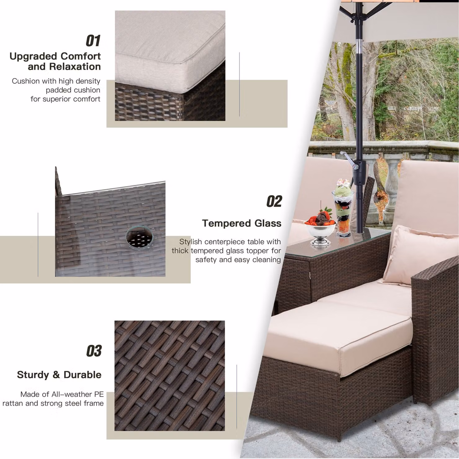 Outsunny Brown Rattan Garden Sofa Lounger Set for Terrace and Garden – 5