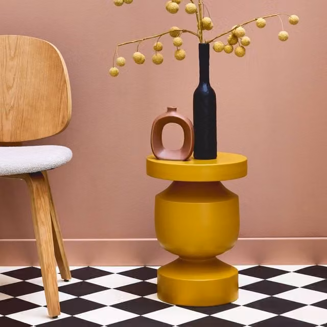 sweeek Metal Side Table in Yellow, Round Geometric Design, W/D/H: 30.5 x 30.5 x 43.5 cm