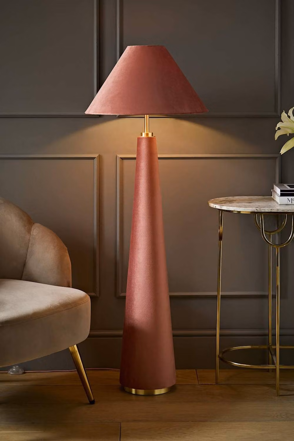 ValueLights Martha Velvet Midi Floor Lamp with Conical Fabric Shade in Dusty Pink and Gold/Brass – 2