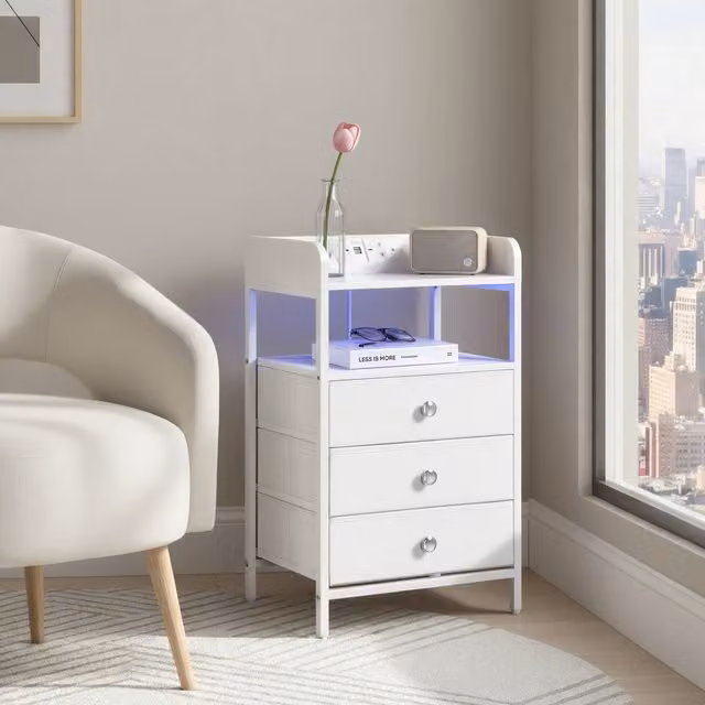 Yaheetech White Bedside Table with Charging Station and Integrated Lighting