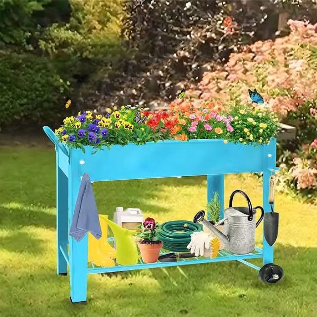 Huhote Metal Raised Garden Bed with Legs and Storage Shelf, Blue – 1