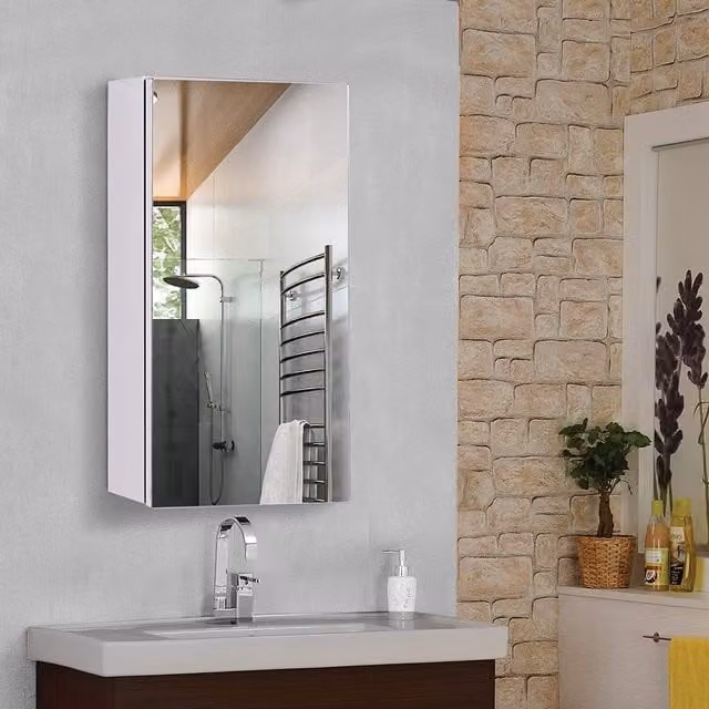 HOMCOM Modern Wall-Mounted Bathroom Mirror Cabinet with Silver Glass Hinged Doors