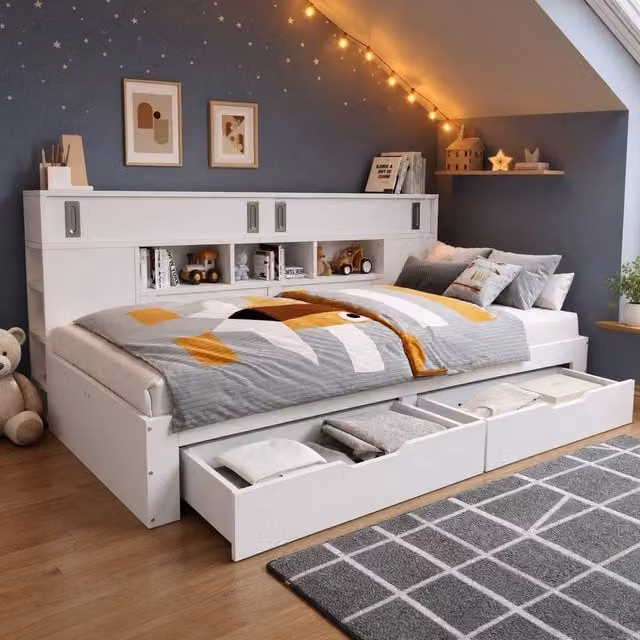STILVORA Modern Single Bed Frame with Storage Drawers in White, W/D/H: 90 x 190 x 85 cm – 1