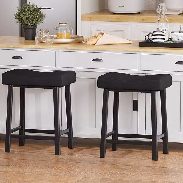 London Boutique Set of 2 Black Padded Synthetic Leather Kitchen Bar Stools with Metal Footrests