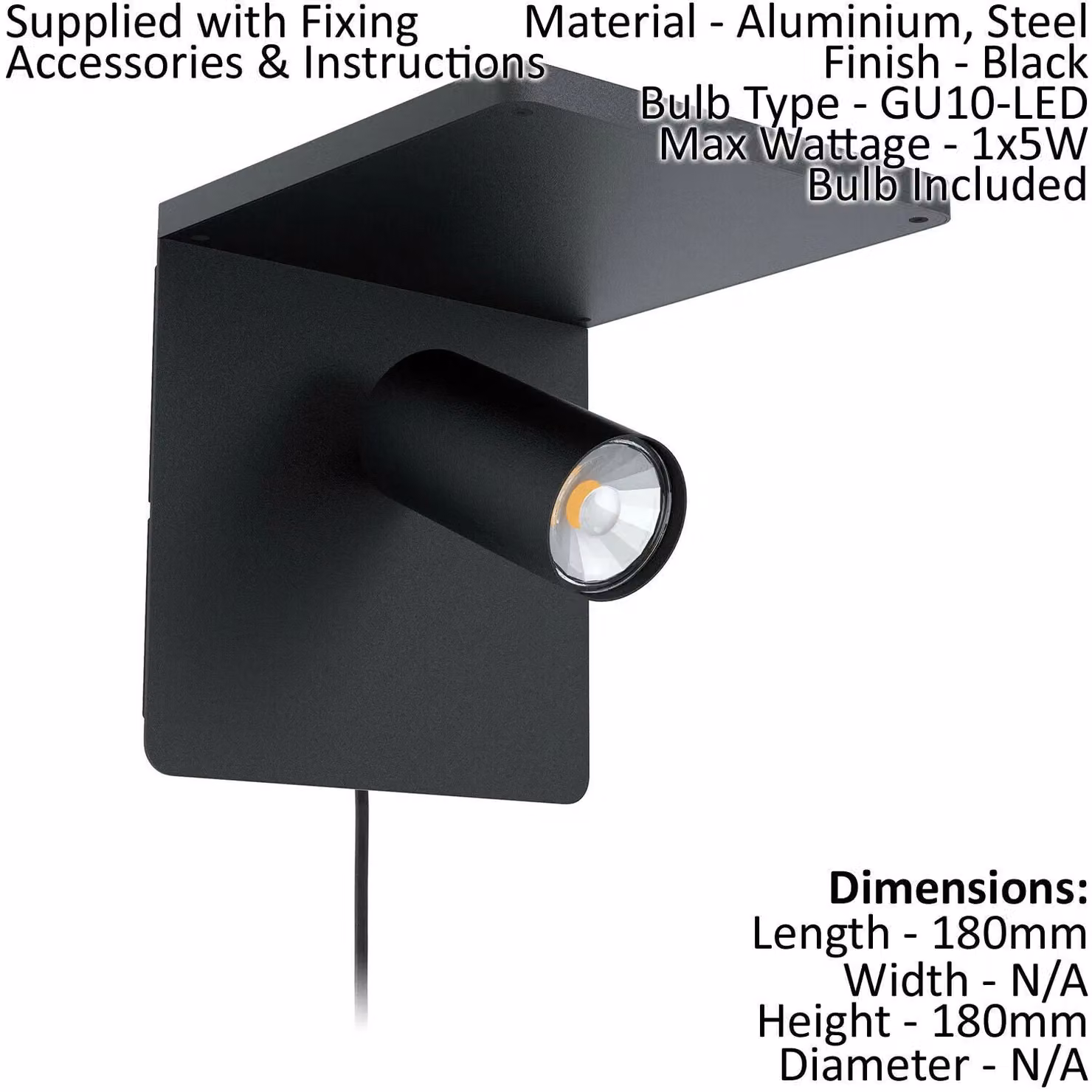Loops 2 Pack Black Aluminium Wall Spot Lights with Rocker Switch and 1x5W GU10 Bulb Included – 2