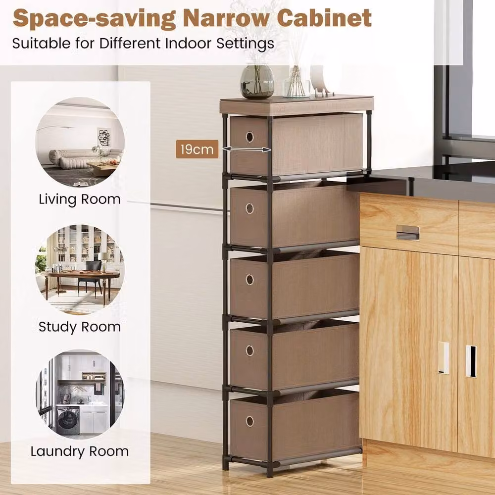 Kelvenix Narrow Slim Storage Tower Dresser with 5 Drawers in Brown – 4