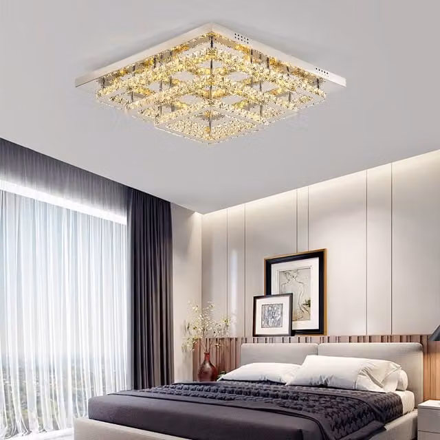 Livingandhome Crystal Square LED Ceiling Light in Silver and Chrome, Diameter: 70 cm