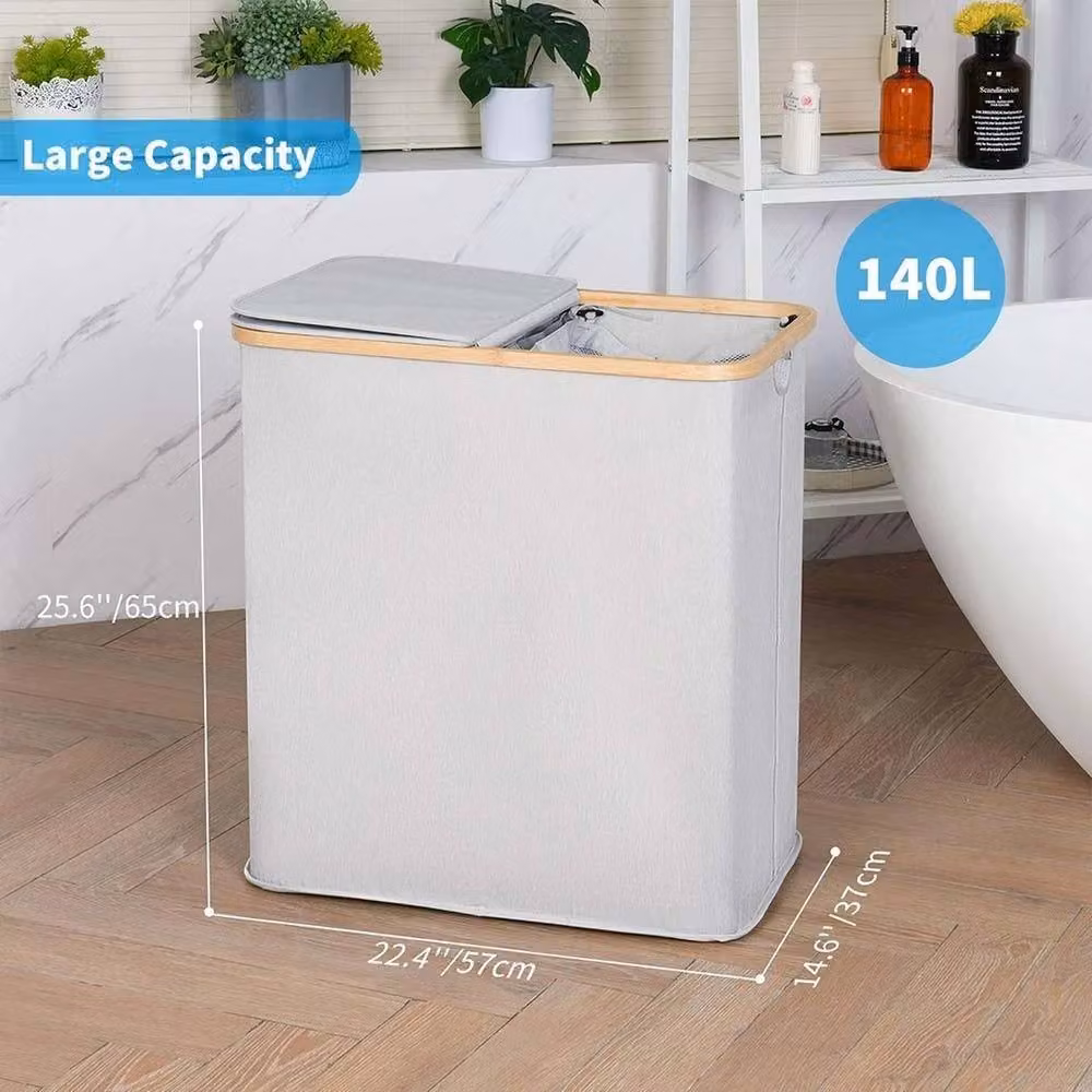 VOGREX 140L Double Laundry Basket with Lid and 2 Removable Bags in Light Grey – 2