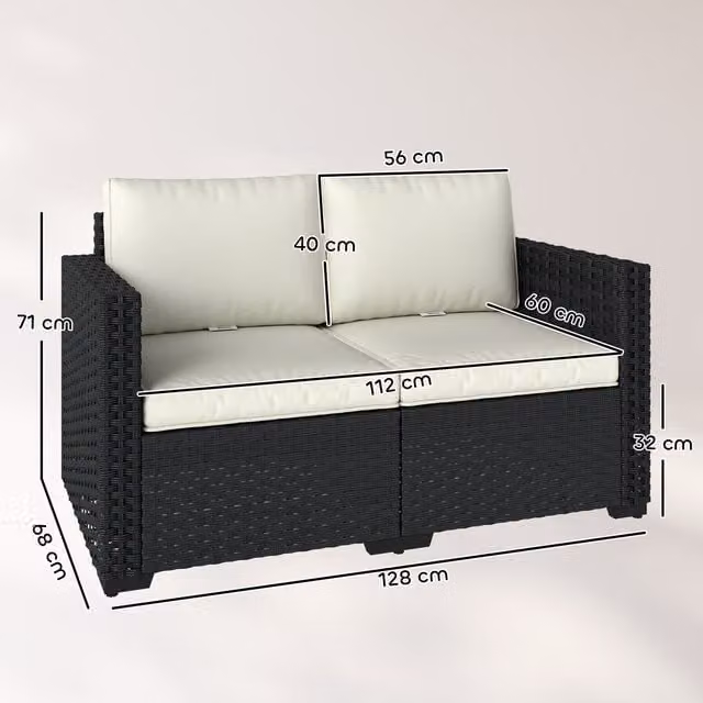 Outsunny 2 Seater Polyrattan Garden Sofa with Upholstered Cushions in Black