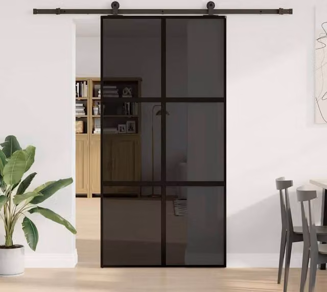 Berkfield Home Modern Sliding Door with Hardware Set, Black Aluminium and Transparent Tempered Glass, W: 102.5 cm, H: 205 cm