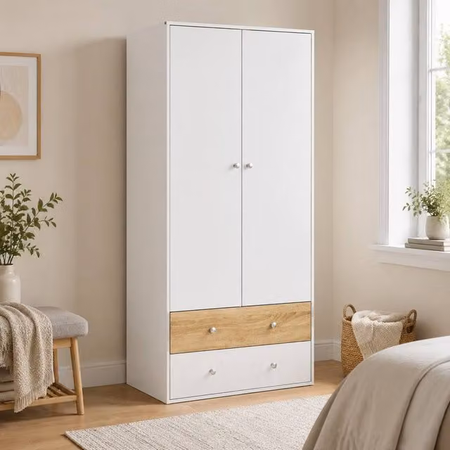 STILVORA White Modern Wardrobe with 2 Hinged Doors and 2 Drawers – 1
