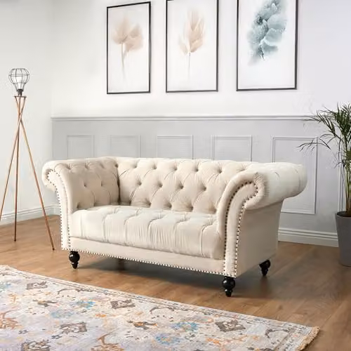 Bravich LTD 3 Piece Chesterfield Velvet Sofa Set in Cream and Beige – 5