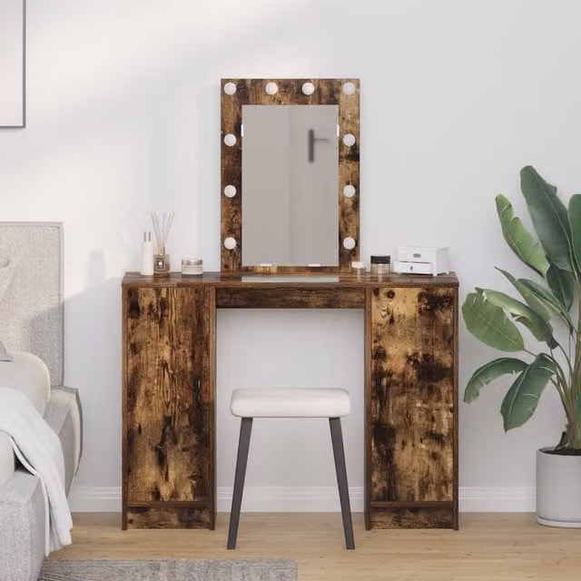 Berkfield Home Smoked Oak Dressing Table with Hollywood LED Lights, Brown, W: 102 cm, D: 33 cm, H: 135 cm – 1