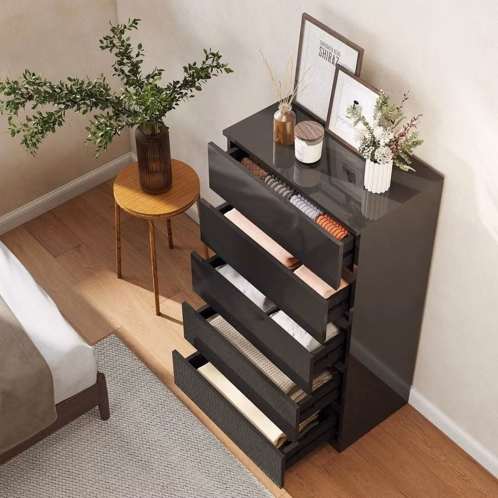SPETLEK Modern Black Glossy 5 Drawer Bedroom Chest of Drawers with Soft Close Drawers, W/D/H: 100 x 34 x 55 cm – 5